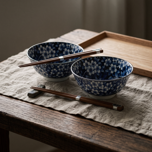 Deux bols japonais à fleurs bleues avec leurs baguettes sur un chemin de table en lin