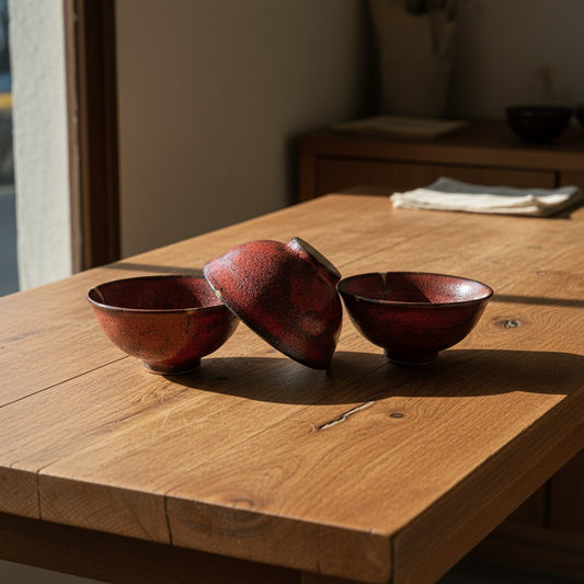 Trois bols en grès rouge style raku Yugen lab posés sur une table en bois rustique dans une lumière naturelle