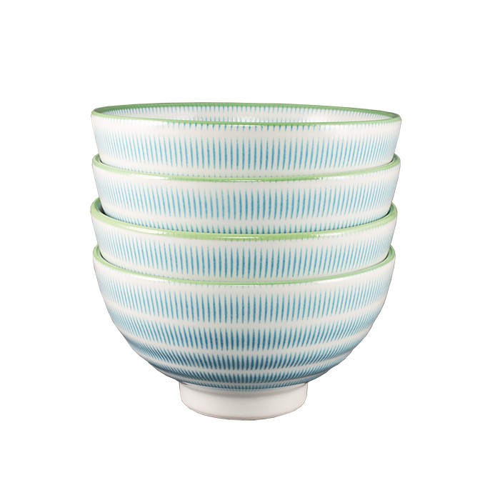 Set de 4 bols japonais Yugen lab en céramique blanche avec motifs de hachures verticales bleu turquoise