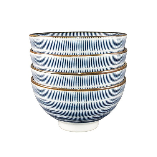 Set de 4 bols japonais Yugen lab en céramique blanche avec motifs de hachures verticales bleu outremer et turquoise