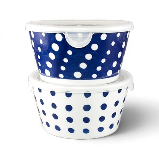 Set de deux bols japonais en céramique Yugen lab avec motifs à pois bleus et couvercles en plastique transparent