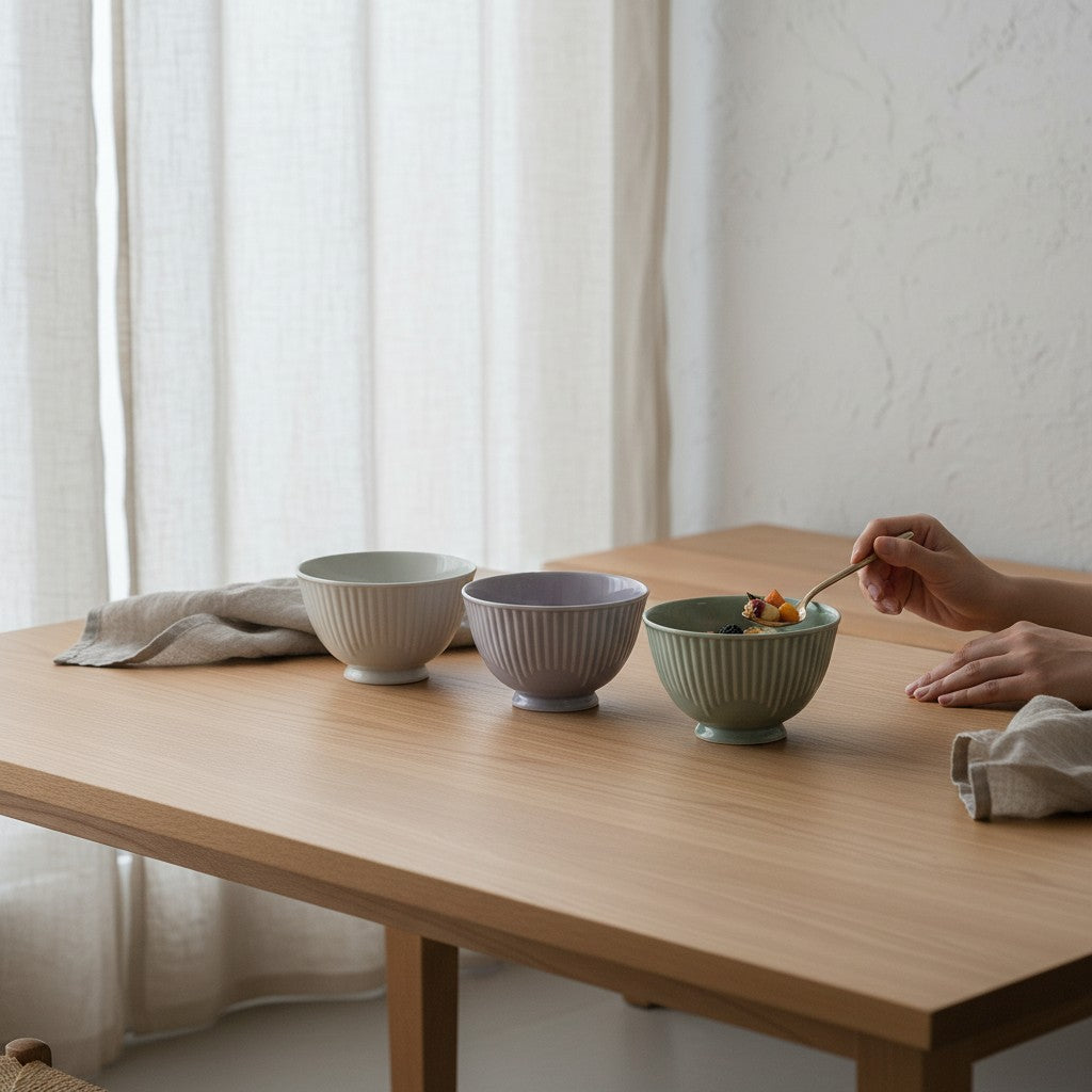 Set de 3 bols japonais Yugen lab en céramique violet, bleu et vert sur une table en bois avec une main tenant une cuillère
