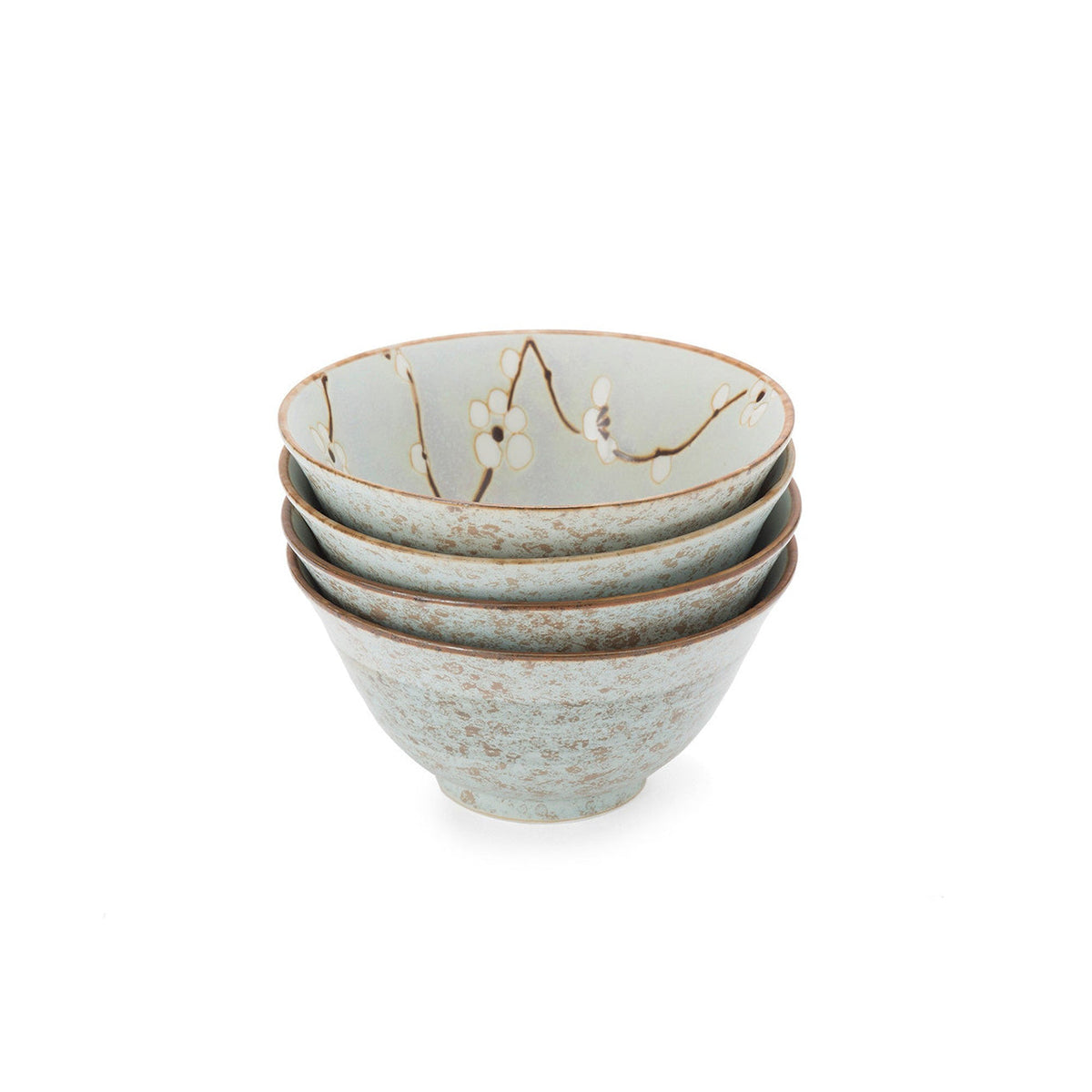 Set de 4 bols japonais Yugen lab en céramique bleutée avec motifs floraux et bordure marron