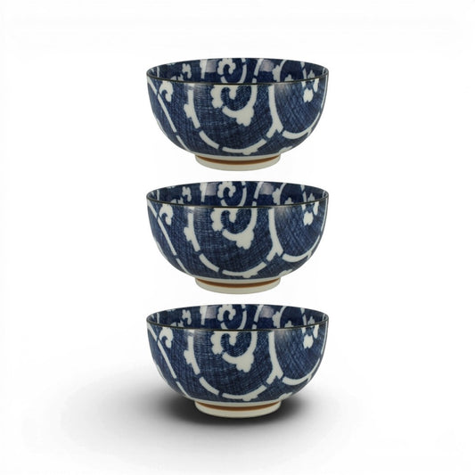 Set de 3 bols japonais Yugen lab en céramique blanche et bleue avec motif traditionnel karakusa pour soupe ou riz