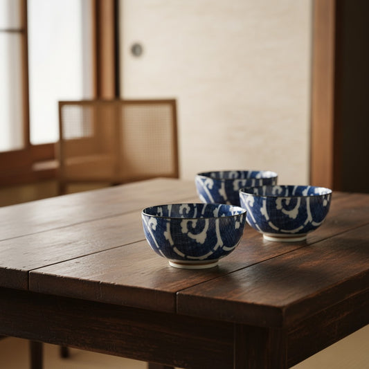 Set de trois bols japonais Yugen lab en céramique blanche et bleue avec motif traditionnel karakusa sur table en bois