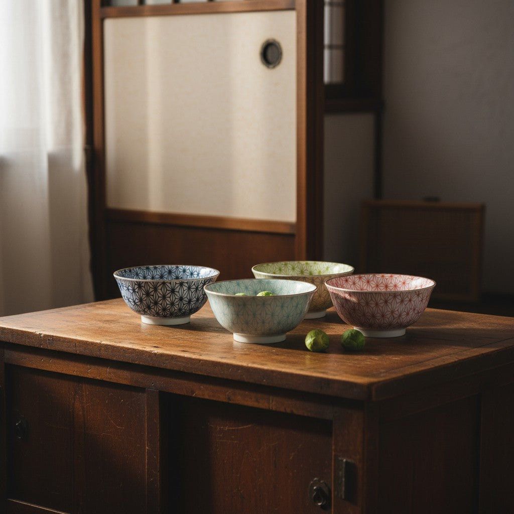 Set de 5 bols japonais en porcelaine Yugen lab avec motif Sachiko traditionnel sur une table en bois rustique