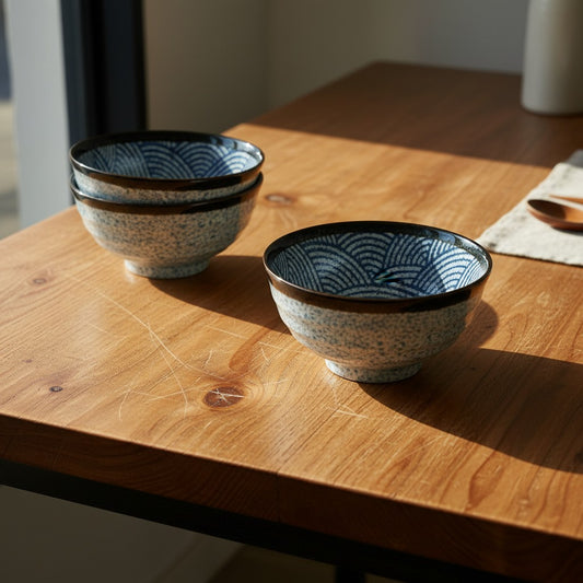 Set de 3 bols japonais Yugen lab en porcelaine blanche et bleue avec motif de vagues et bords foncés sur table bois