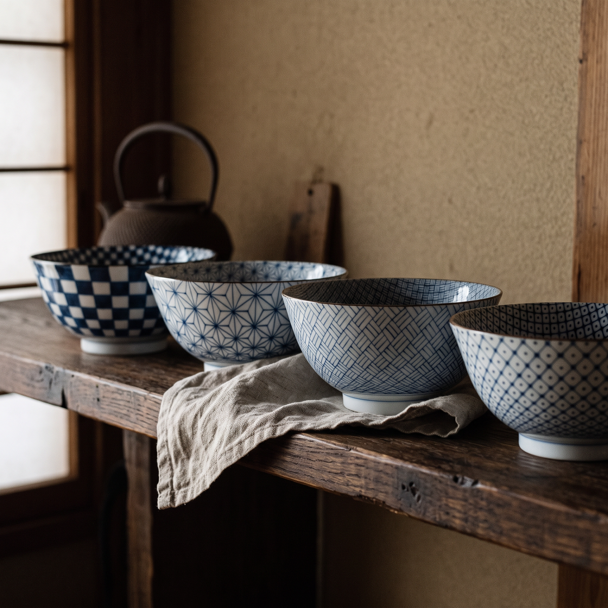 Four medium Japanese bowls with blue checkerboard, Asanoha, diamond and Ajiro patterns lined up on a wooden console