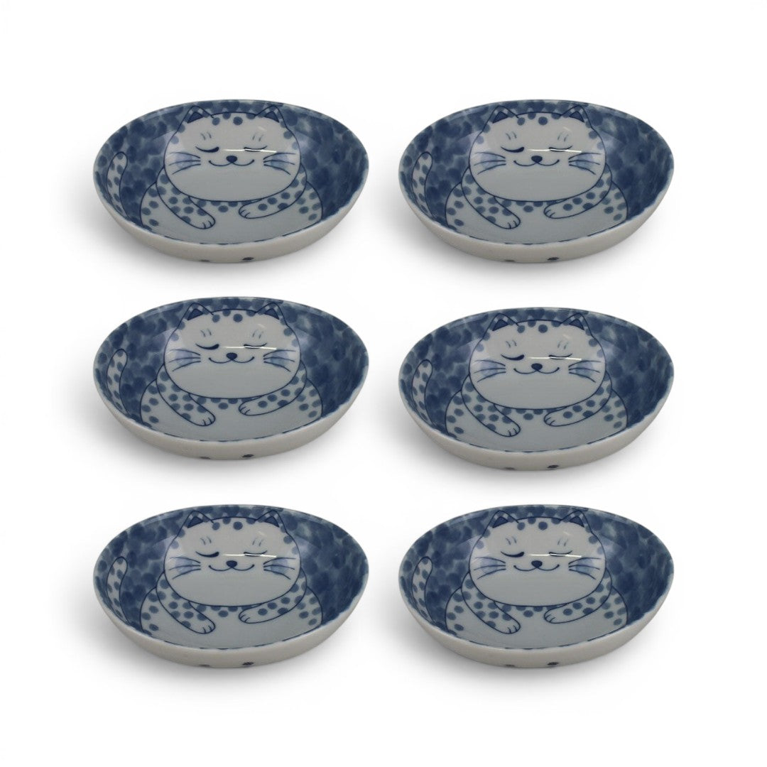Set de 6 bols ovales en porcelaine Yugen lab avec motif chat bleu et blanc style japonais