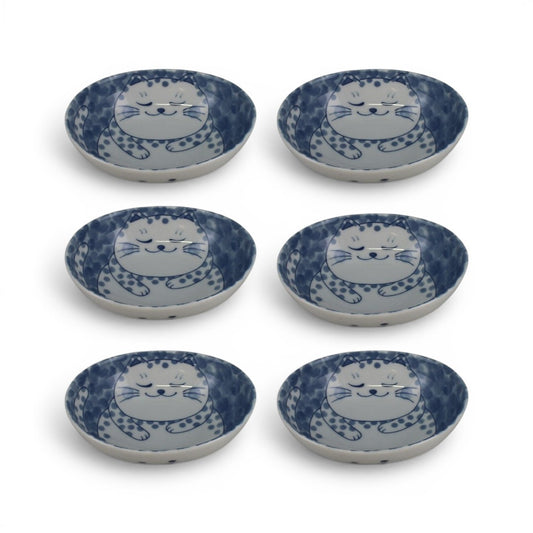 Set de 6 bols ovales en porcelaine Yugen lab avec motif chat bleu et blanc style japonais