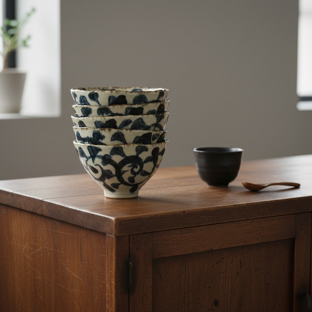 Set de 5 bols Yugen lab en porcelaine japonaise avec motifs arabesques bleus et bords noirs effet rétro sur une table