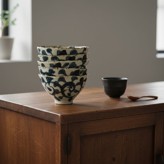 Set de 5 bols Yugen lab en porcelaine japonaise avec motifs arabesques bleus et bords noirs effet rétro sur une table