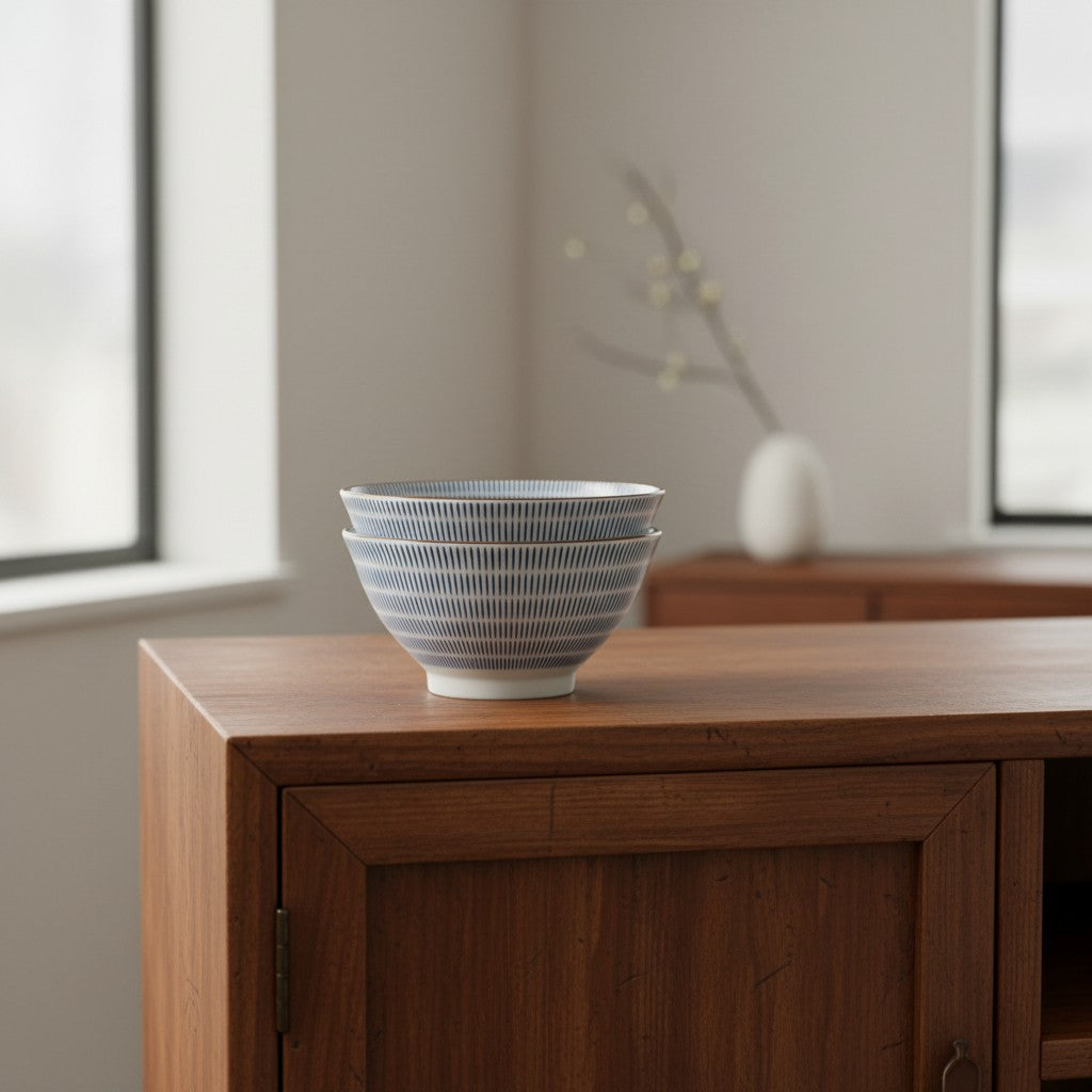 Set de 2 bols ramen Yugen lab en porcelaine blanche avec motifs de hachures bleues posés sur un meuble en bois