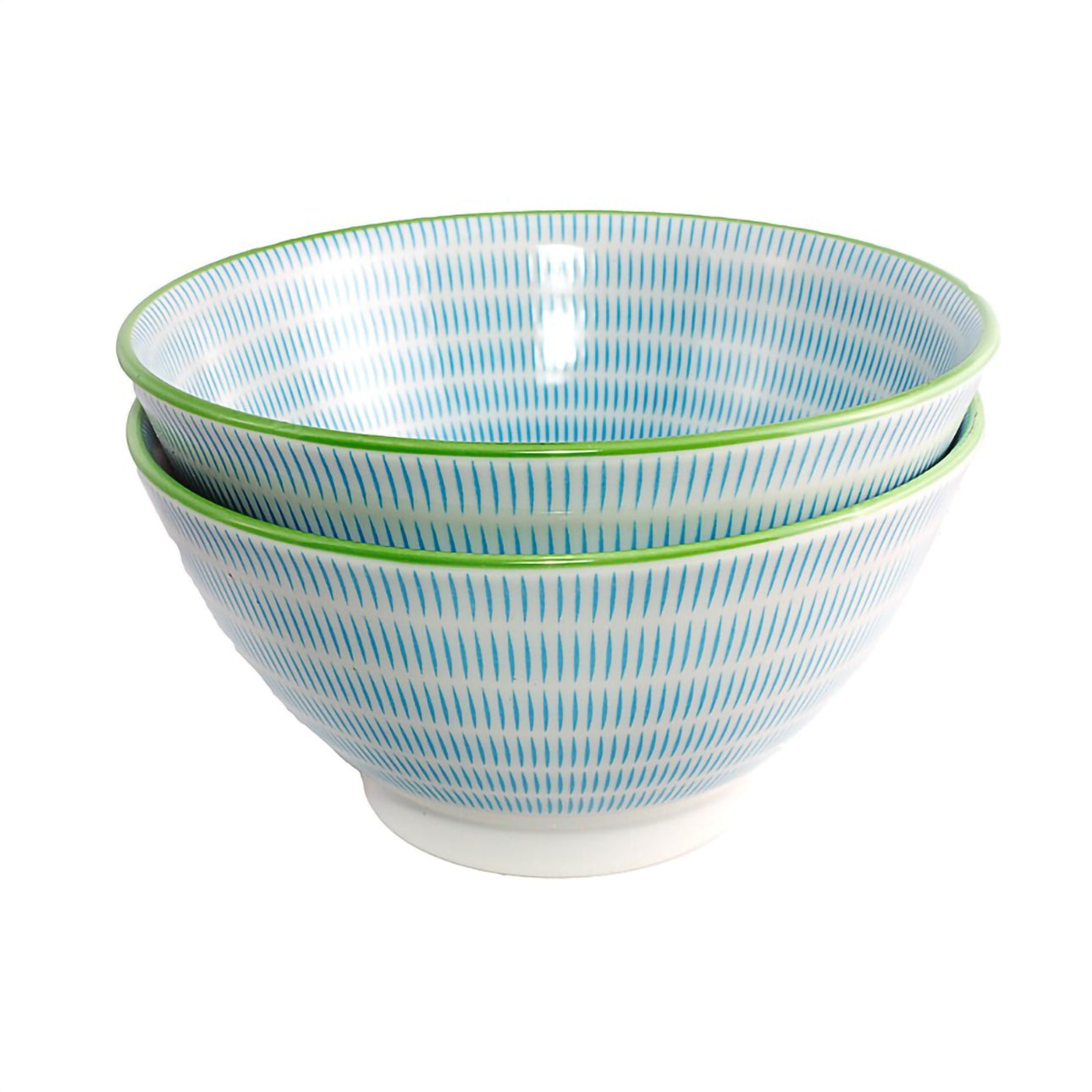 Set de 2 bols ramen Yugen lab en porcelaine blanche avec motifs hachures bleues et bordure verte