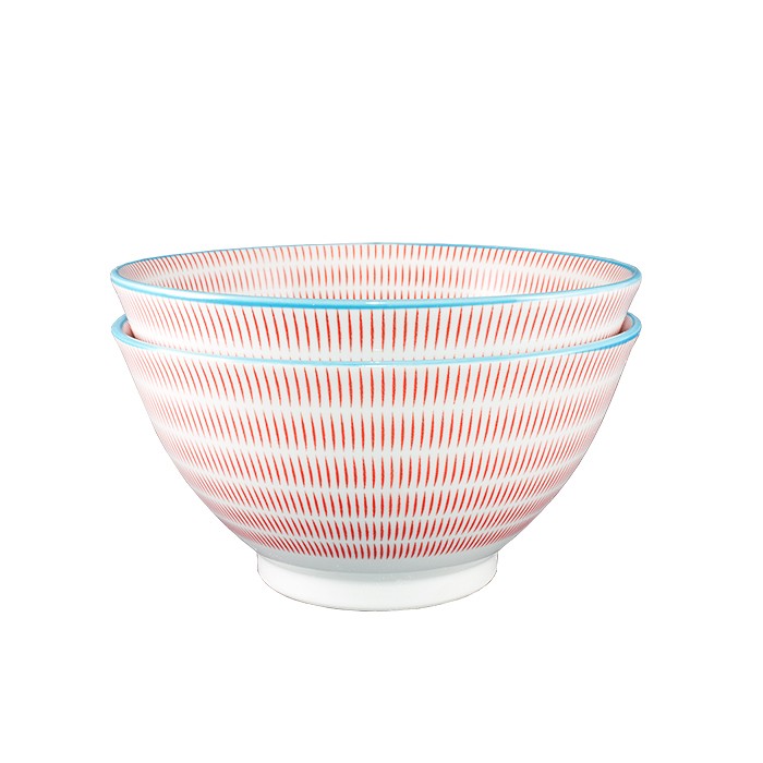 Set de 2 bols ramen Yugen lab en porcelaine blanche avec motifs de hachures rouges et bordure bleue