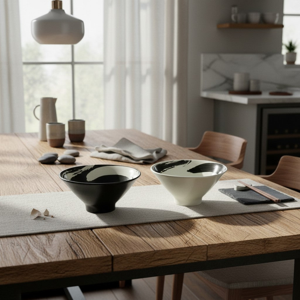 Set de 2 bols à ramen Yugen lab en porcelaine avec motif coup de pinceau noir et blanc sur une table en bois