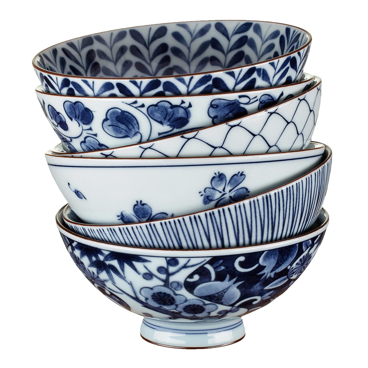 Set de 6 bols à riz Yugen lab en céramique blanche et bleue avec motifs floraux et géométriques traditionnels japonais