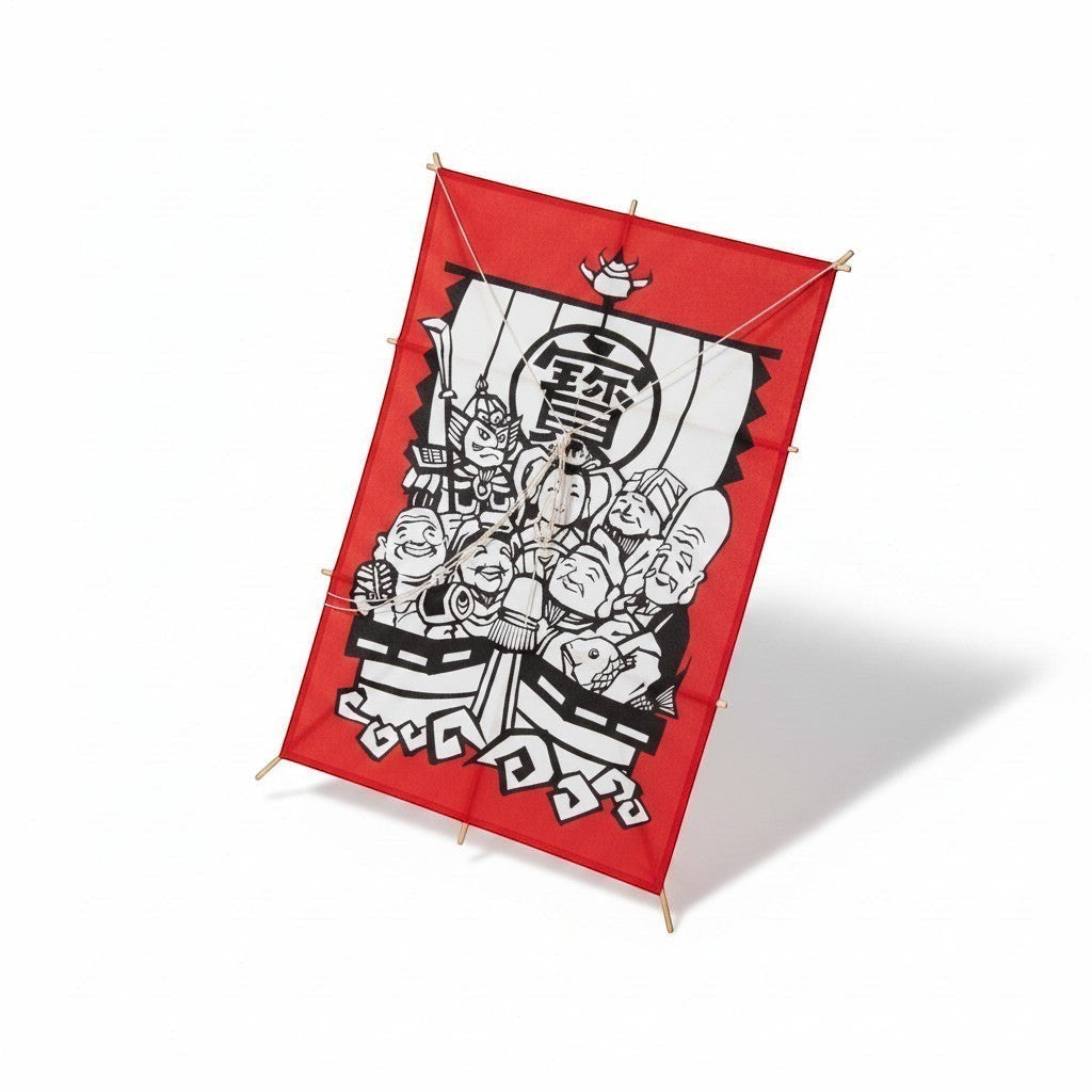 Cerf-volant Yugen lab rectangulaire rouge avec illustration traditionnelle japonaise de navire sur papier et bois