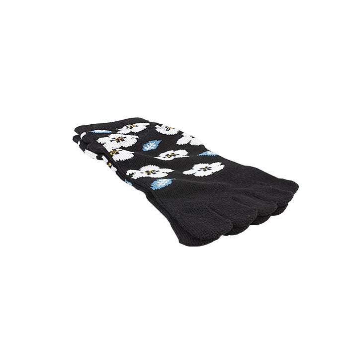 Chaussettes cinq doigts Yugen lab en coton noir avec motif floral japonais blanc et bleu pour geta