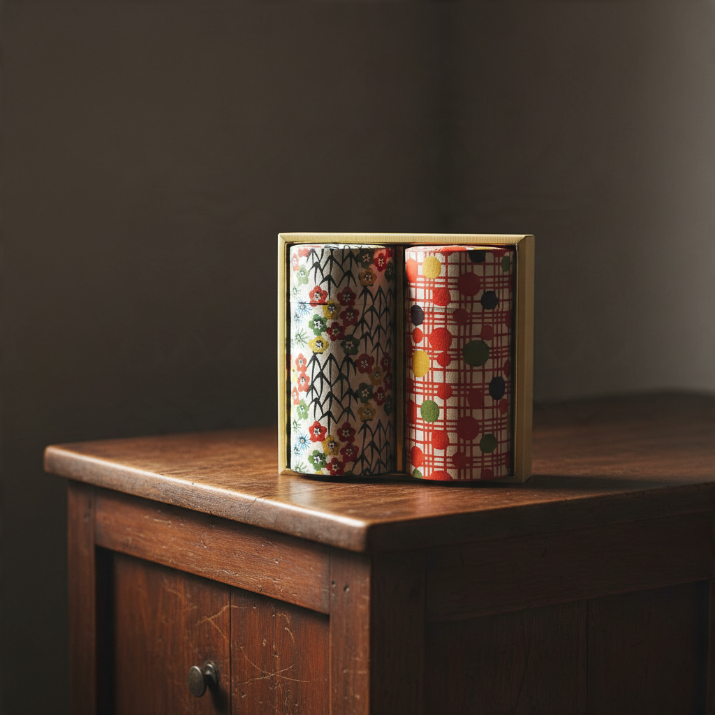Coffret Yugen lab de deux boîtes à thé japonaises en fer blanc et papier washi à motifs floraux et géométriques.