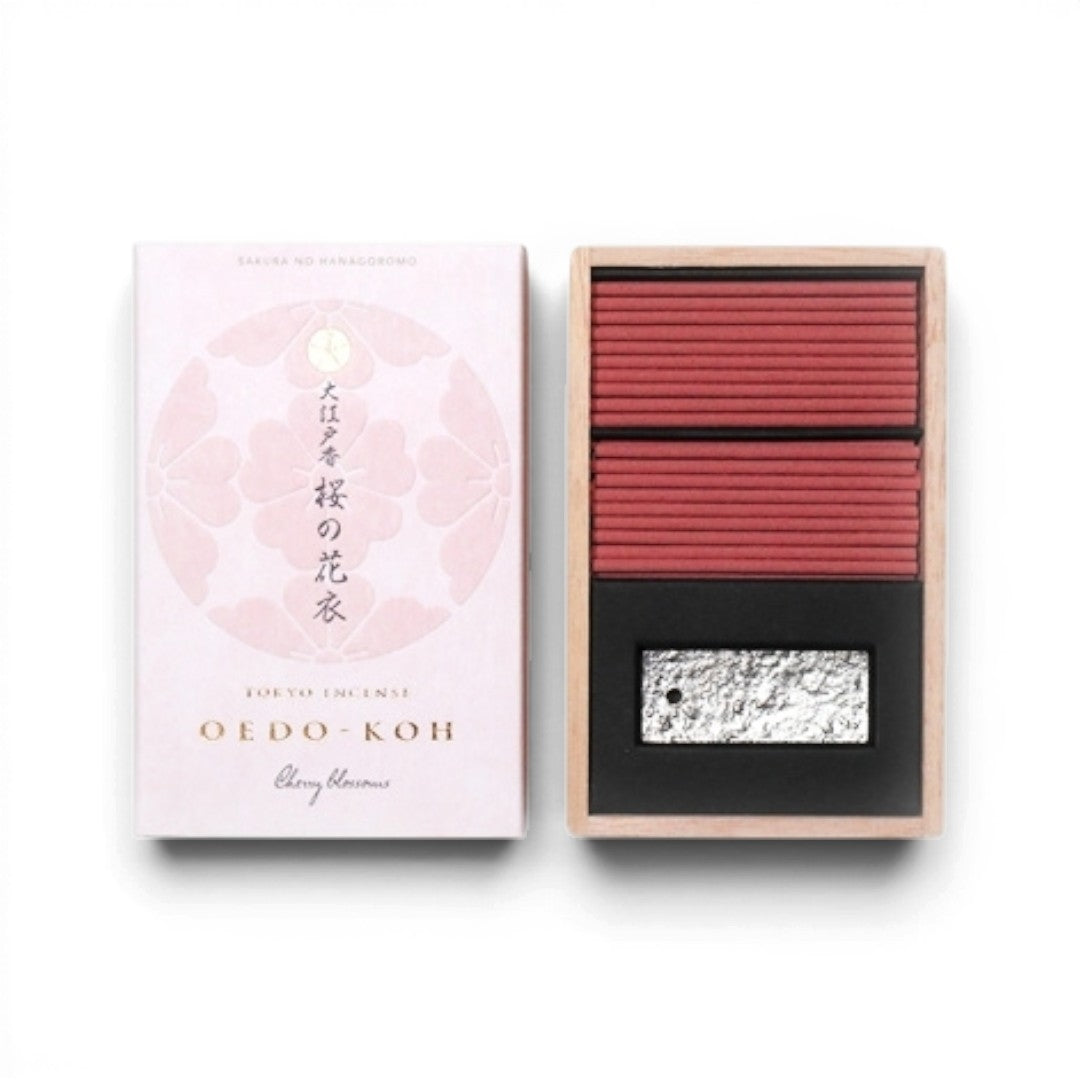 Coffret d'encens japonais Yugen lab Oedo-Koh parfum cerisier avec 60 bâtonnets roses et un porte-encens rectangulaire