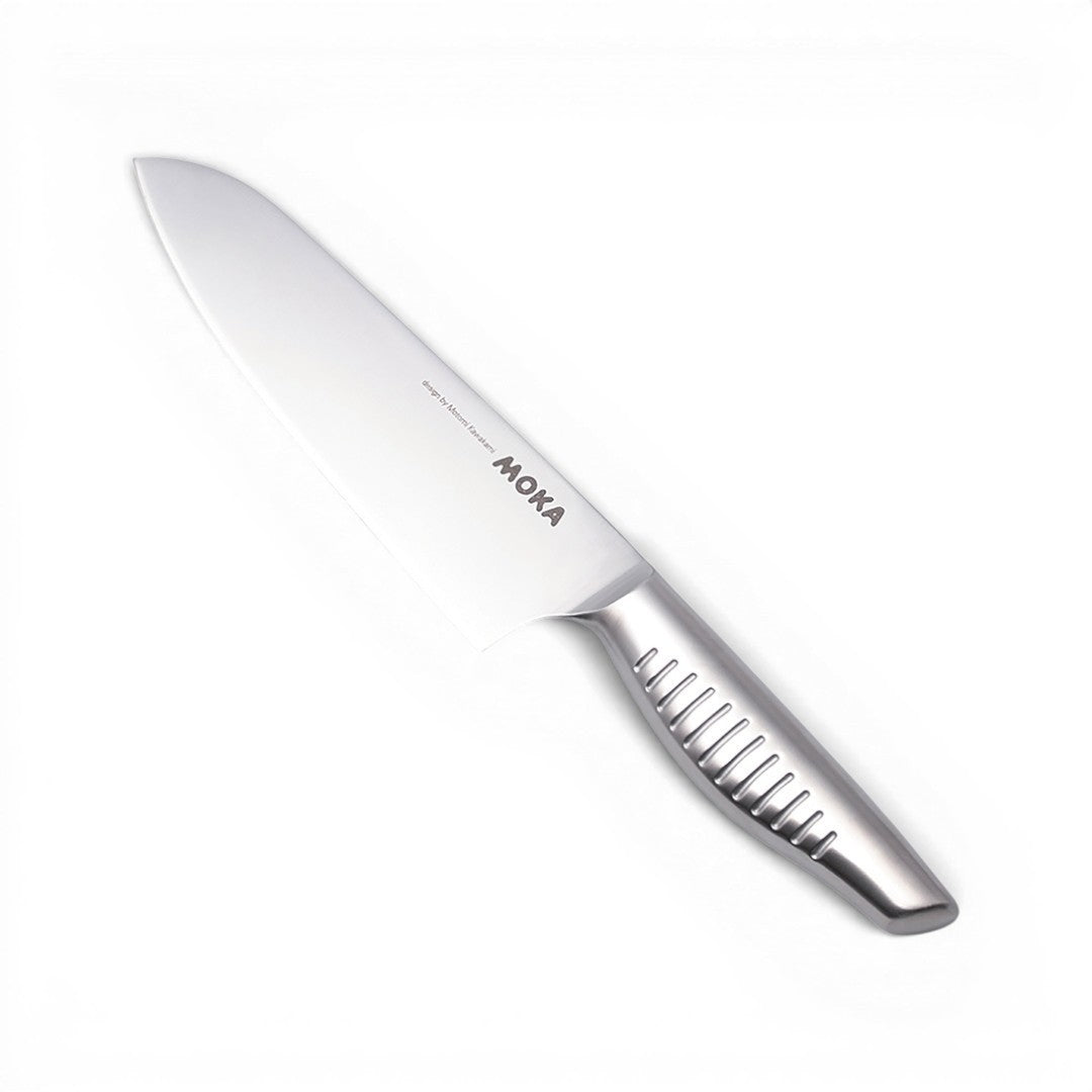 Couteau japonais santoku Yugen lab en acier inoxydable monobloc avec manche ergonomique strié