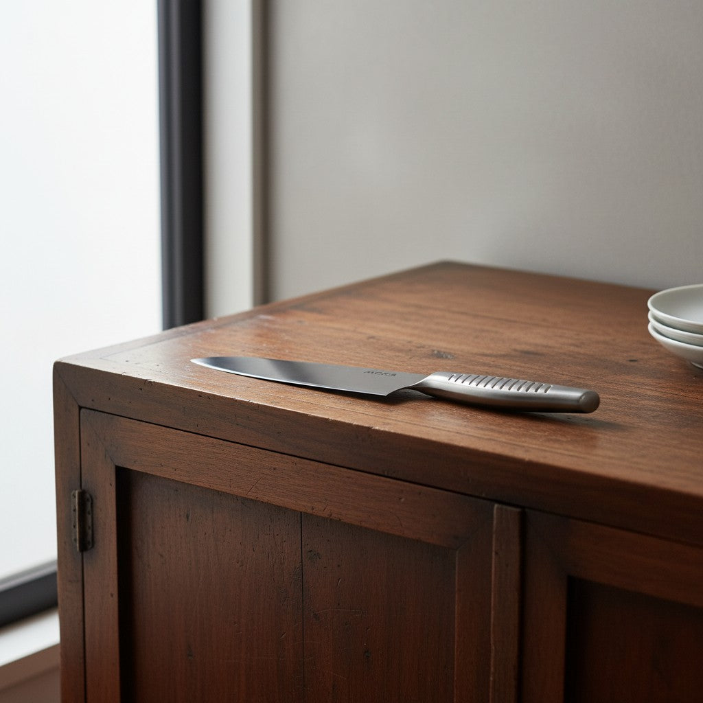 Couteau santoku Yugen lab en acier inoxydable monobloc posé sur un meuble en bois rustique