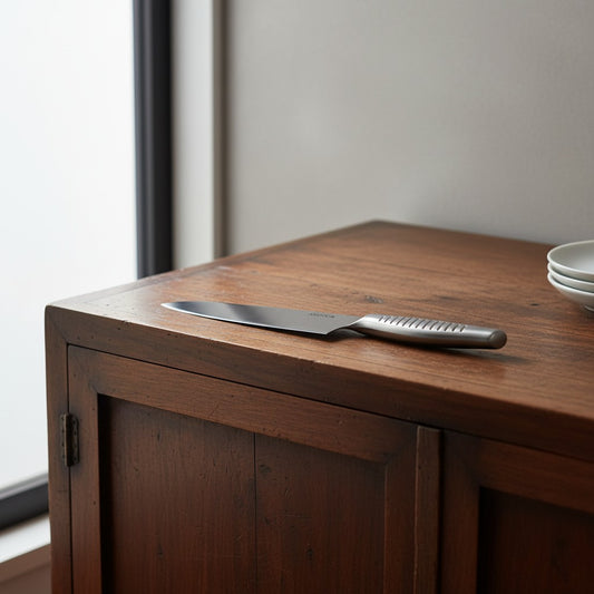 Couteau santoku Yugen lab en acier inoxydable monobloc posé sur un meuble en bois rustique