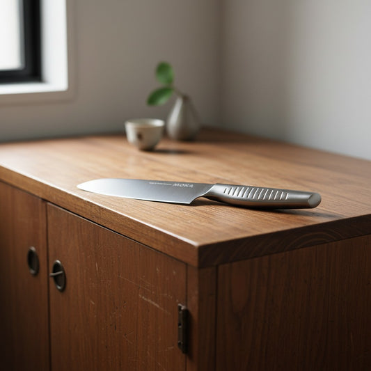 Couteau santoku Yugen lab en acier monobloc posé sur un meuble en bois dans une cuisine minimaliste