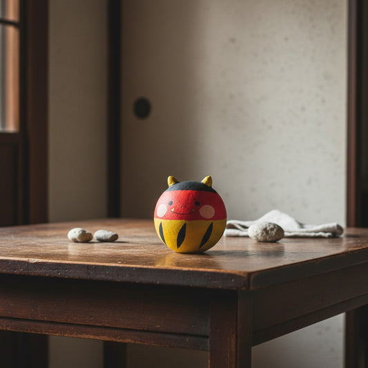 Porte-bonheur Yugen lab culbuto Oni en papier Yurarin rouge, noir et jaune posé sur une table en bois rustique
