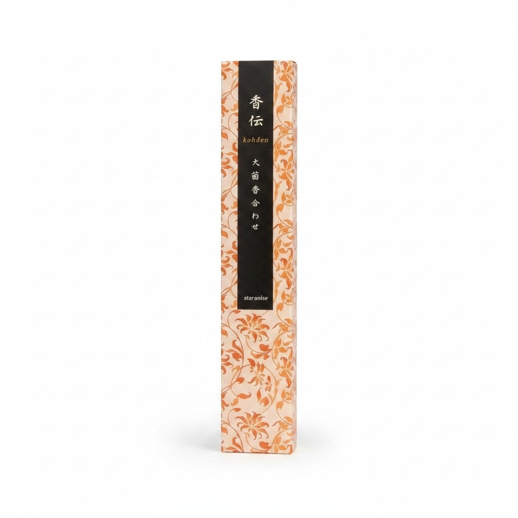 Boîte d'encens japonais Yugen lab Kohden parfum Anis Étoilé avec motifs floraux orange et inscriptions japonaises