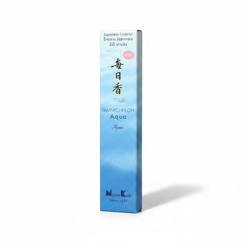 Boîte d'encens japonais Yugen lab Mainichi Koh Aqua avec un design dégradé bleu et blanc, contenant 20 bâtonnets.