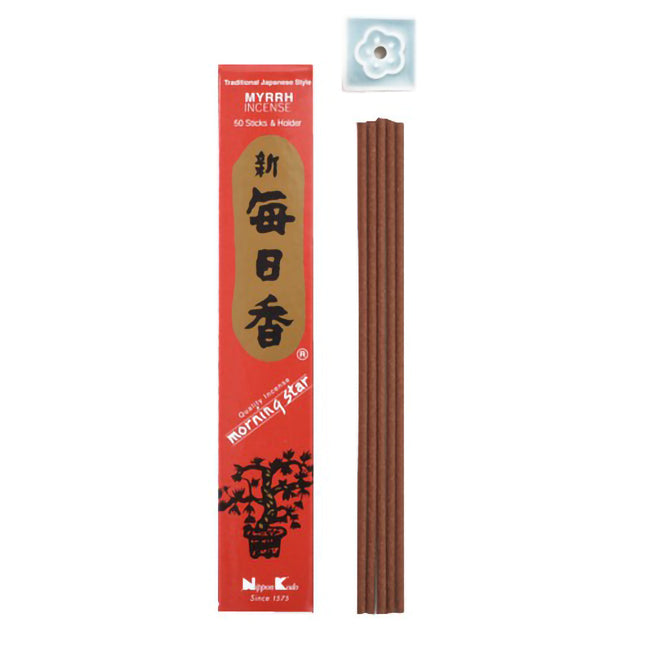 Coffret d'encens japonais Yugen lab senteur myrrhe avec bâtonnets bruns et porte-encens en céramique en forme de fleur