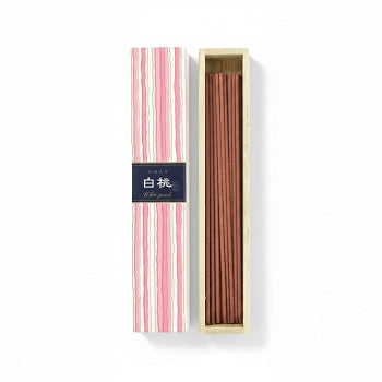Boîte d'encens japonais Yugen lab parfum pêche avec étui rayé rose et blanc et bâtonnets fins
