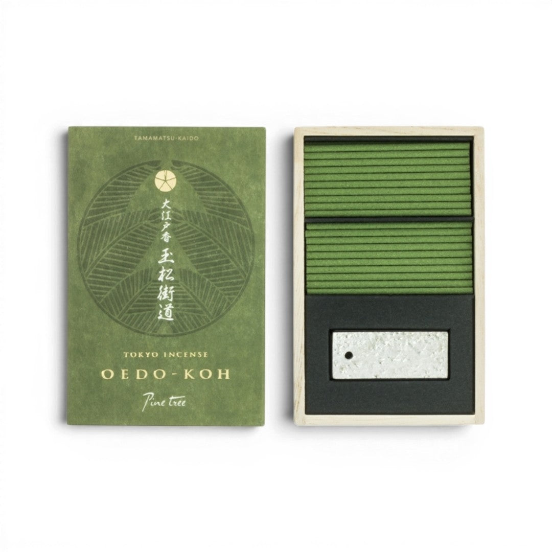 Coffret d'encens japonais Yugen lab Oedo-Koh parfum pin avec 60 bâtonnets verts et porte-encens rectangulaire