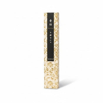 Boîte d'encens japonais Yugen lab Kohden au parfum de santal, étui doré avec motifs floraux et inscriptions japonaises