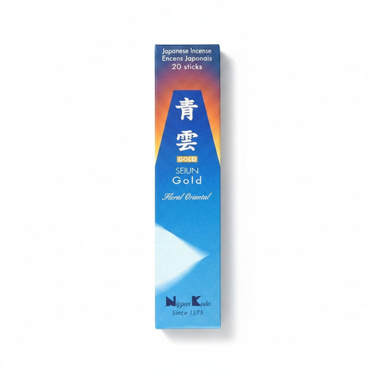 Boîte d'encens japonais Yugen lab SEIUN Gold, parfum floral oriental, étui bleu dégradé avec détails dorés.