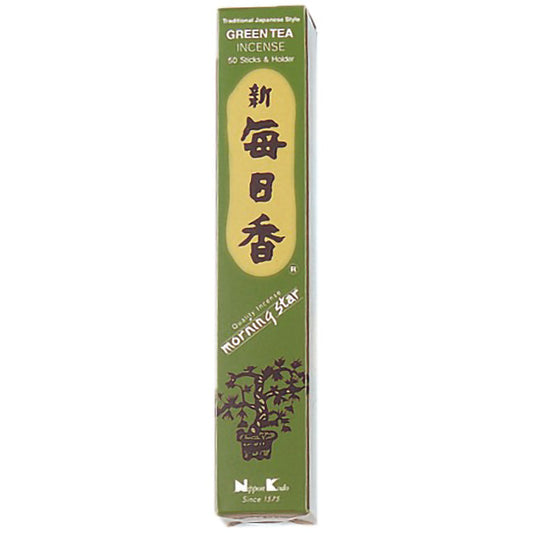 Coffret d'encens japonais Yugen lab au thé vert avec 50 bâtonnets et support dans un emballage vert élégant