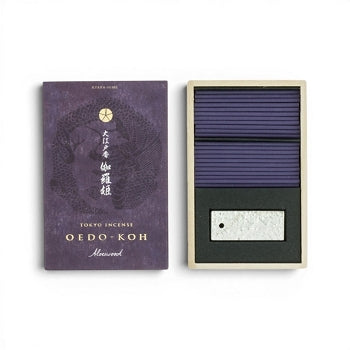 Coffret d'encens japonais Yugen lab Oedo-Koh violet avec 60 bâtonnets parfum aloès et porte-encens rectangulaire