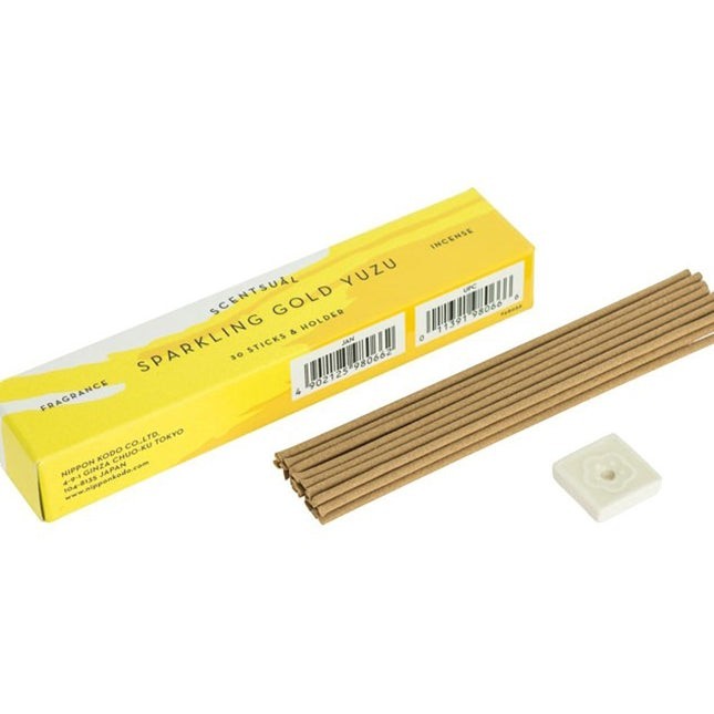 Boîte d'encens Yugen lab Scentsual Sparkling Gold Yuzu avec 30 bâtonnets et support en céramique blanc
