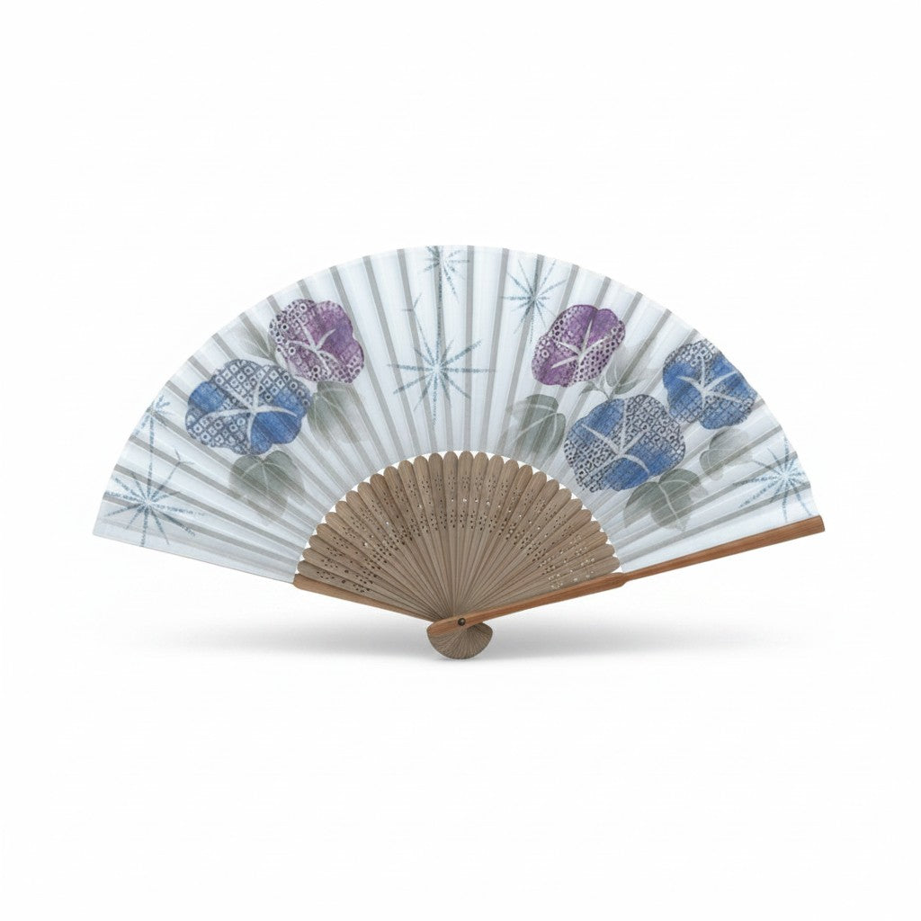 Éventail japonais Yugen lab en tissu avec motifs de fleurs volubilis bleues et violettes sur tiges en bambou