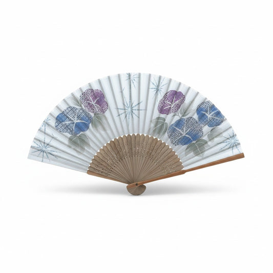 Éventail japonais Yugen lab en tissu avec motifs de fleurs volubilis bleues et violettes sur tiges en bambou