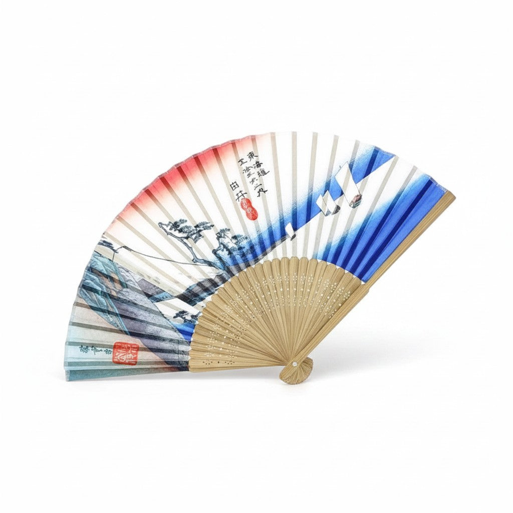 Éventail japonais Yugen lab en tissu avec motif paysage Hiroshige et monture en bois clair ajouré