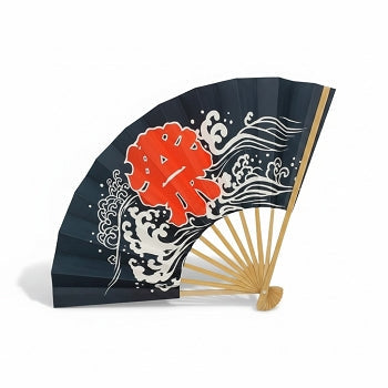 Éventail japonais Yugen lab en papier bleu avec motif de vagues blanches et caractère rouge Matsuri
