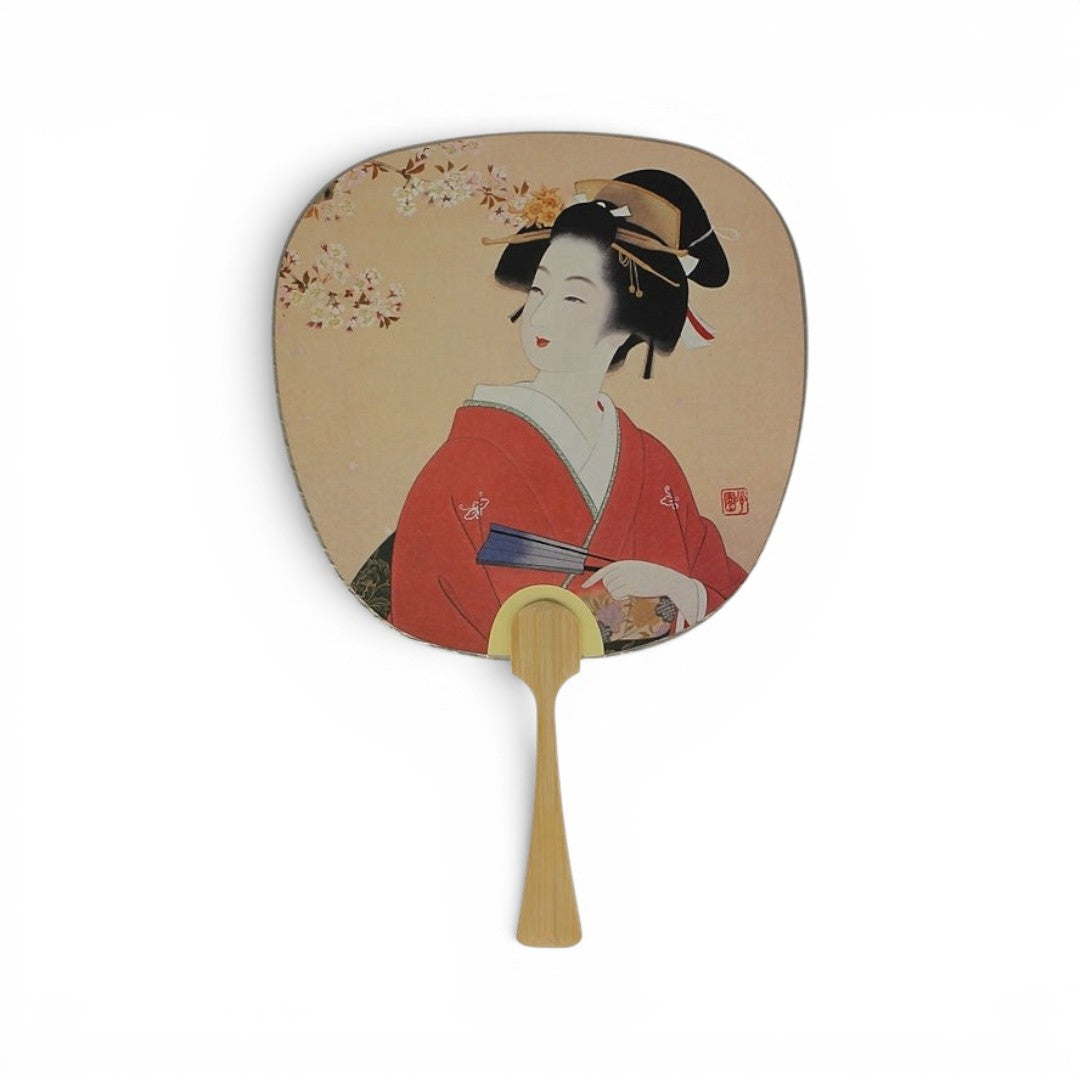 Éventail japonais Yugen lab en papier et bambou, motif Beauty Femme avec portrait traditionnel sur fond beige.