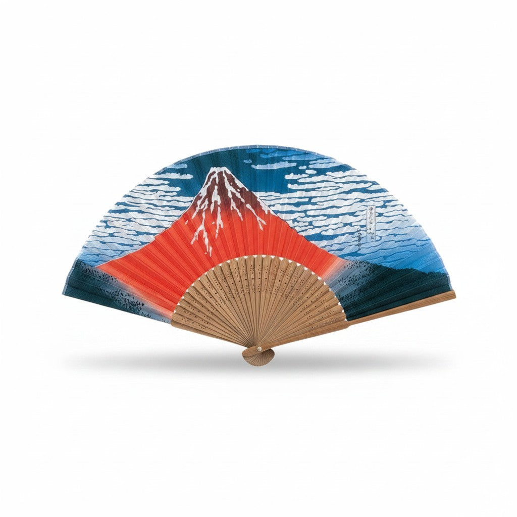 Éventail Yugen lab en polyester avec motif traditionnel du Mont Fuji et tiges en bois sculpté, style japonais.