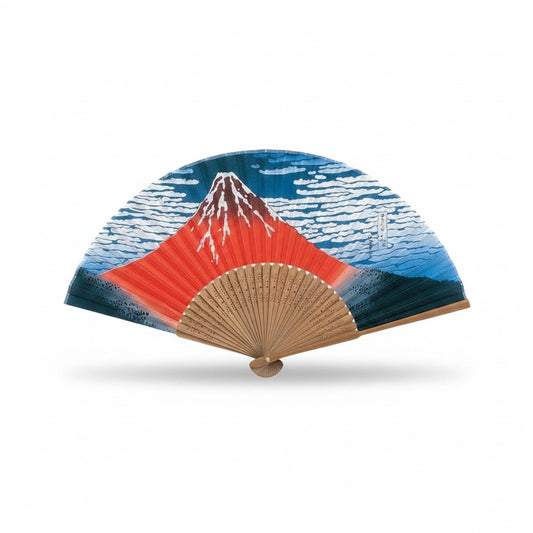 Éventail Yugen lab en polyester avec motif traditionnel du Mont Fuji et tiges en bois sculpté, style japonais.