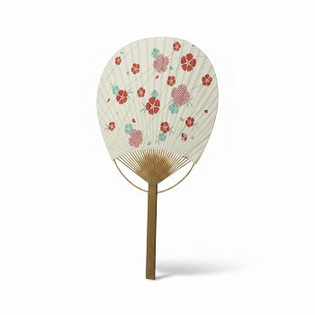 Éventail japonais rond Uchiwa Yugen lab en papier et bambou avec motif floral rouge délicat sur fond blanc cassé