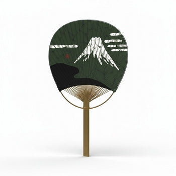 Eventail japonais rond Uchiwa Yugen lab en papier et bambou avec motif mont Fuji blanc sur fond vert