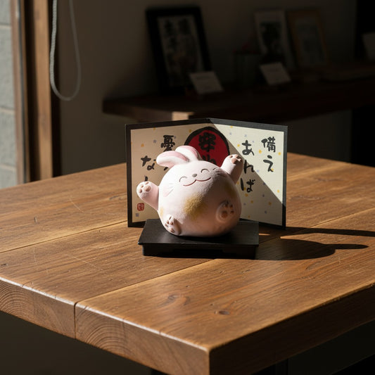 Figurine lapin Yugen lab en céramique rose souriante posée sur un socle en bois avec un paravent décoratif japonais